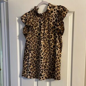 Brown and Black Leopard Print Blouse with Ruffled Sleeves